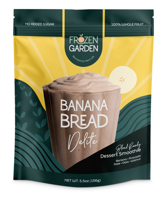 Banana Bread Delite pouch with banana, oats and walnuts - Frozen Garden ready to enjoy plant-based dessert.