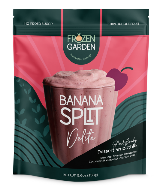 Banana Split Delite pouch with banana, cherry and coconut - Frozen Garden ready to enjoy plant-based dessert.