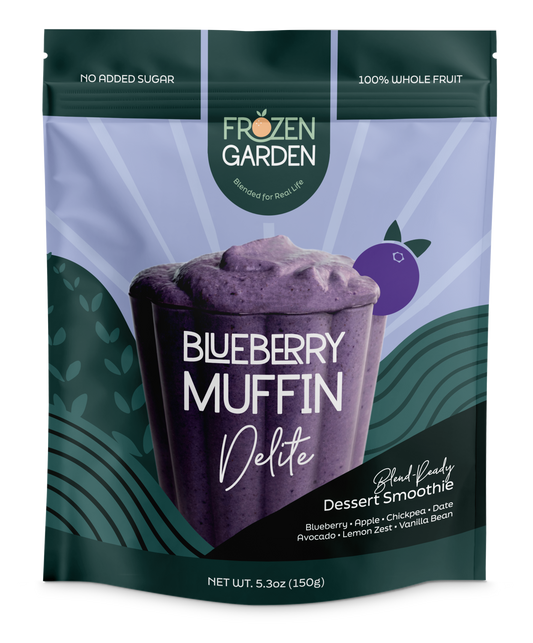 Blueberry Muffin Delite pouch with blueberries, oats and apple - Frozen Garden ready to enjoy plant-based dessert.