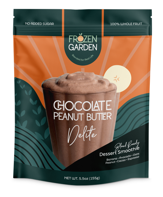 Chocolate Peanut Butter Delite pouch with cacao, banana and peanuts - Frozen Garden ready to enjoy plant-based dessert.
