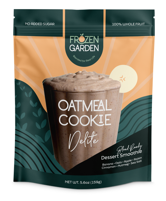 Oatmeal Cookie Delite pouch with oats, banana and cinnamon - Frozen Garden ready to enjoy plant-based dessert.