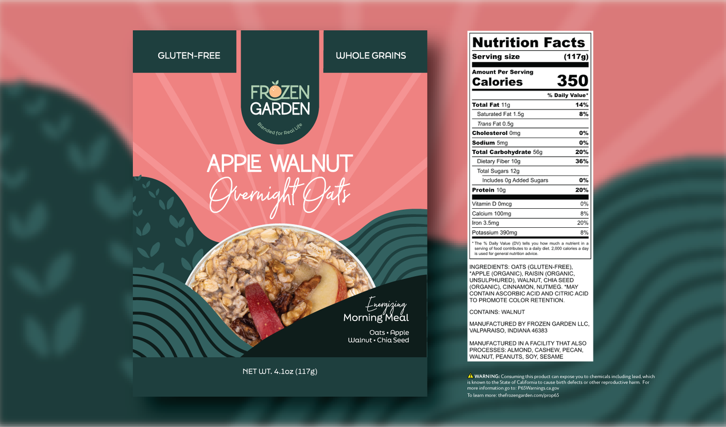 Apple Walnut Overnight Oats front pouch and detailed nutrition facts label side by side - Frozen Garden apple oats.