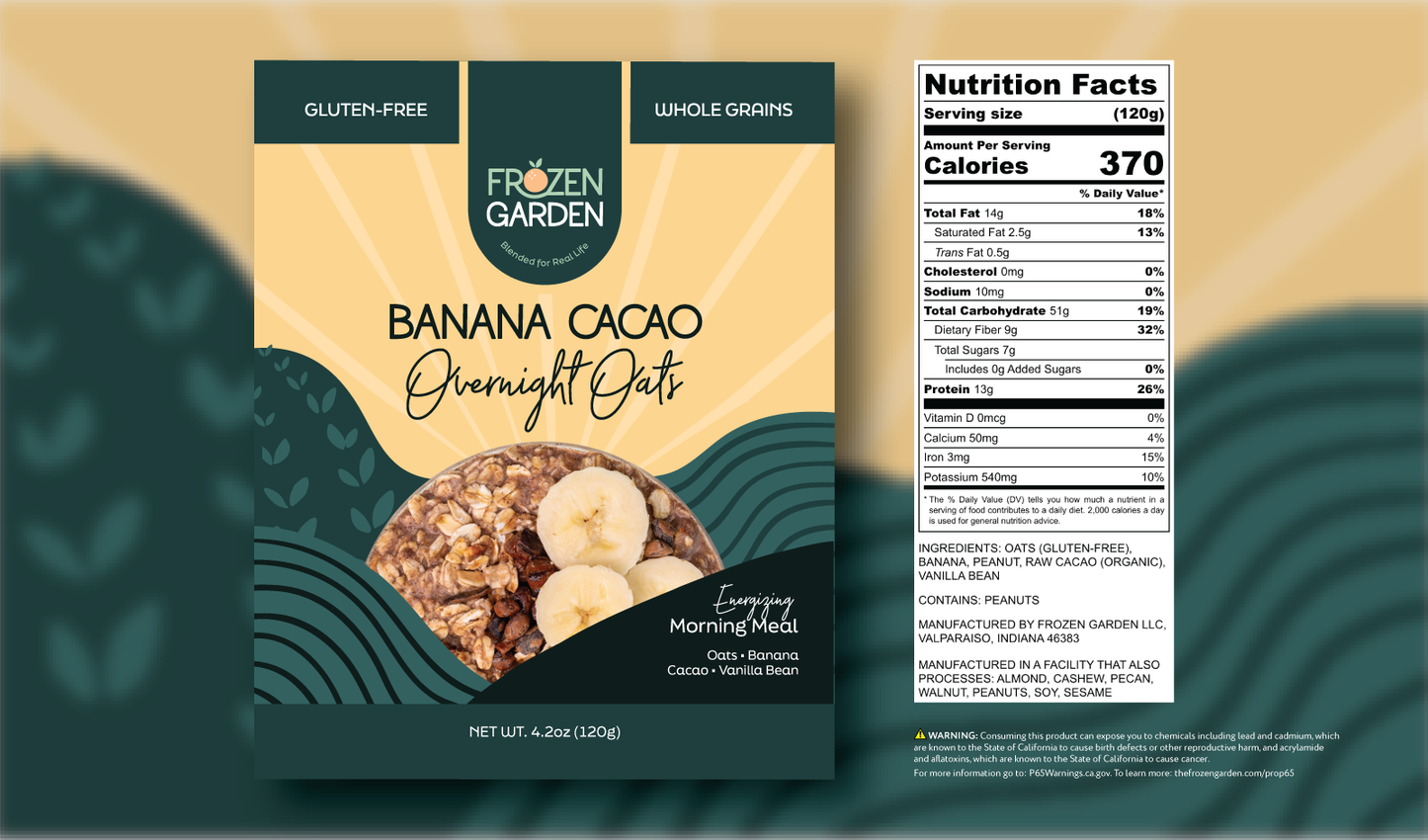 Banana Cacao Overnight Oats front pouch and detailed nutrition facts label side by side - Frozen Garden chocolate oats.