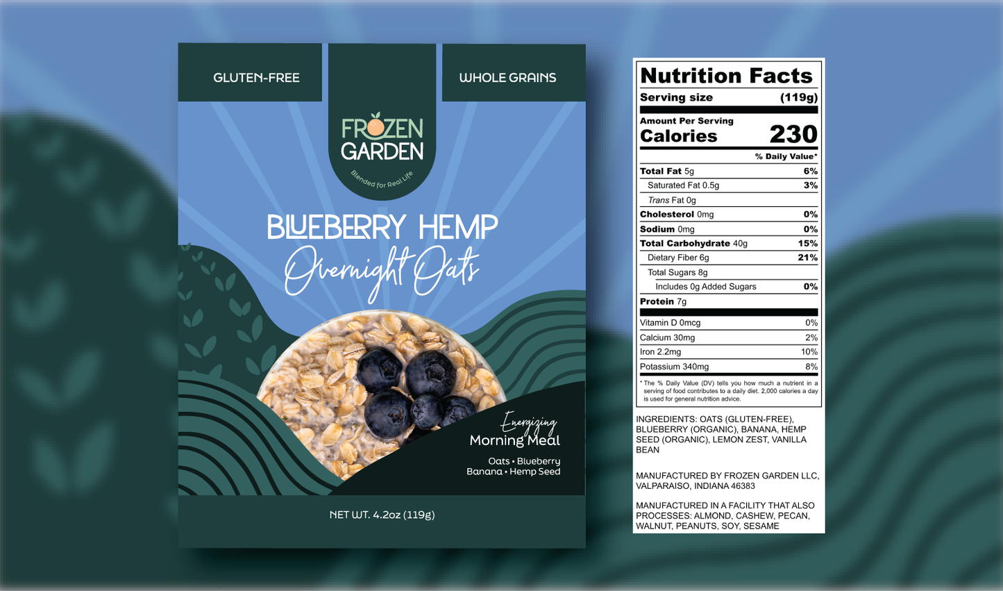Blueberry Hemp Overnight Oats front pouch and detailed nutrition facts label side by side - Frozen Garden blueberry oats.