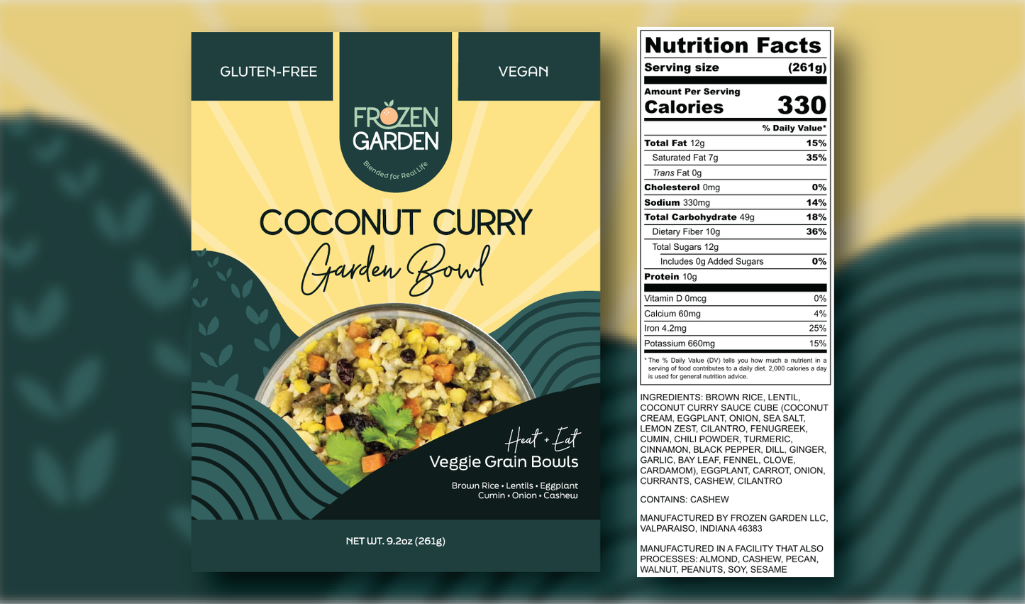Coconut Curry Garden Bowl front pouch and detailed nutrition facts label side by side - Frozen Garden curry bowl.