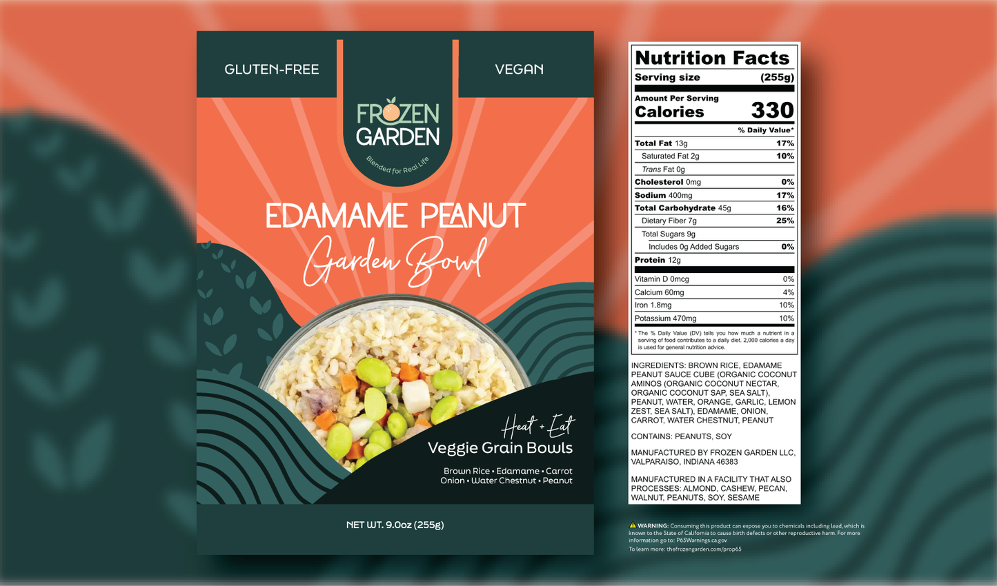 Edamame Peanut Garden Bowl front pouch and detailed nutrition facts label side by side - Frozen Garden savory bowl.