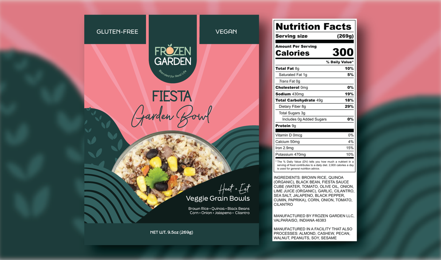 Fiesta Garden Bowl front pouch and detailed nutrition facts label side by side - Frozen Garden Mexican-inspired bowl.