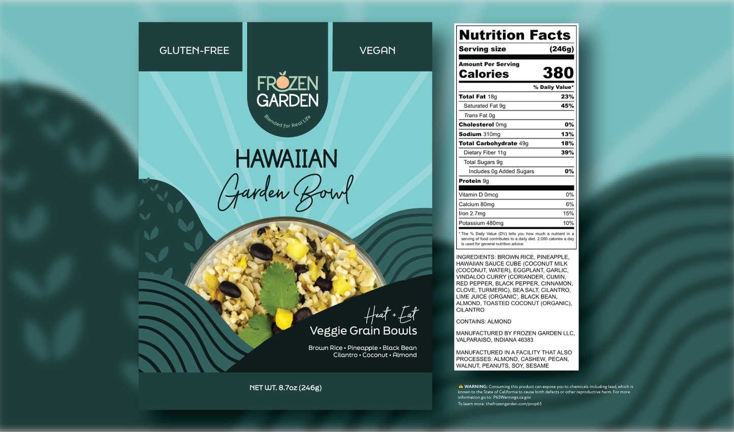 Hawaiian Garden Bowl front pouch and detailed nutrition facts label side by side - Frozen Garden tropical bowl.