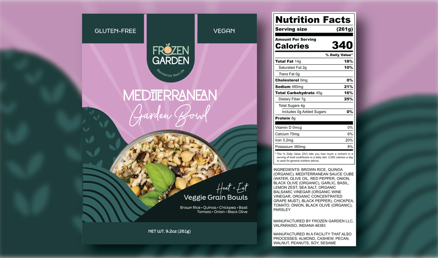 Mediterranean Garden Bowl front pouch and detailed nutrition facts label side by side - Frozen Garden savory bowl.