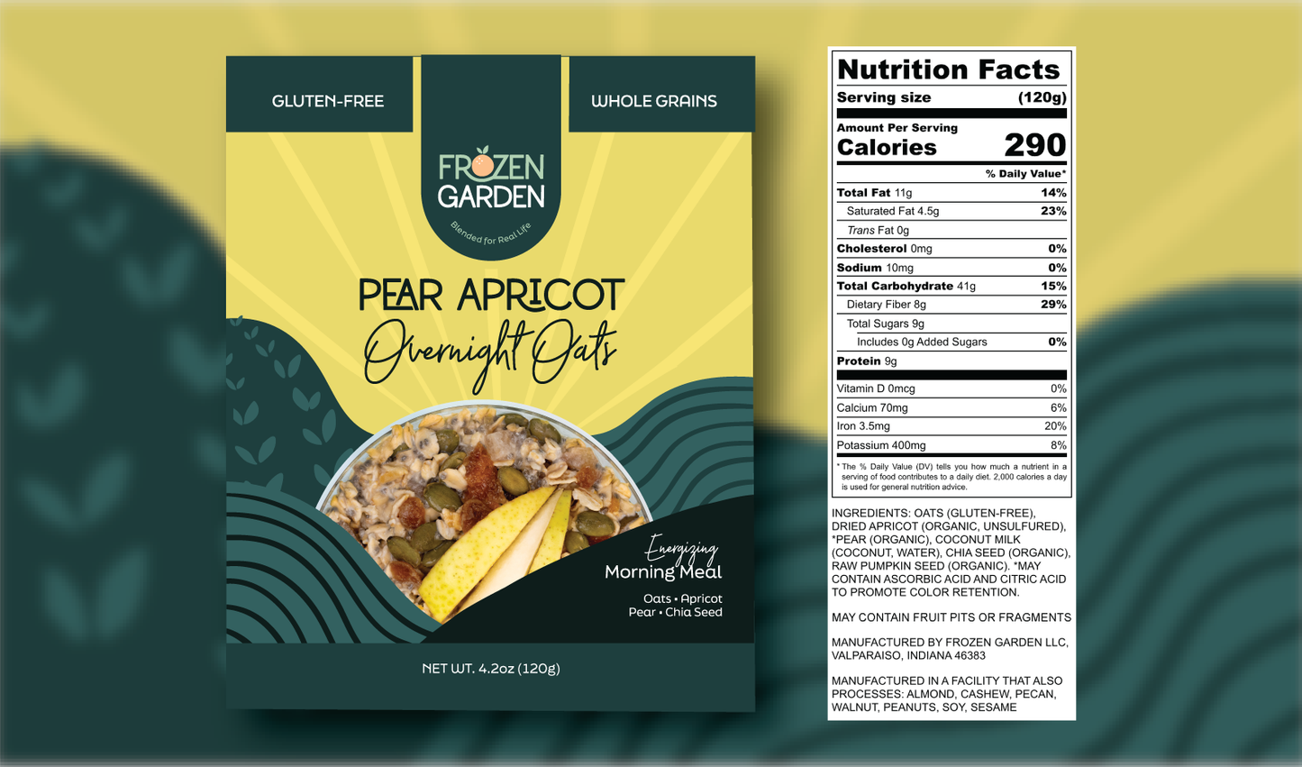 Pear Apricot Overnight Oats front pouch and detailed nutrition facts label side by side - Frozen Garden pear oats.