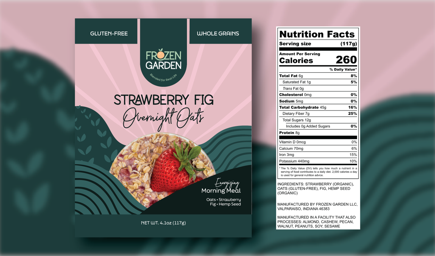 Strawberry Fig Overnight Oats front pouch and detailed nutrition facts label side by side - Frozen Garden breakfast oats.