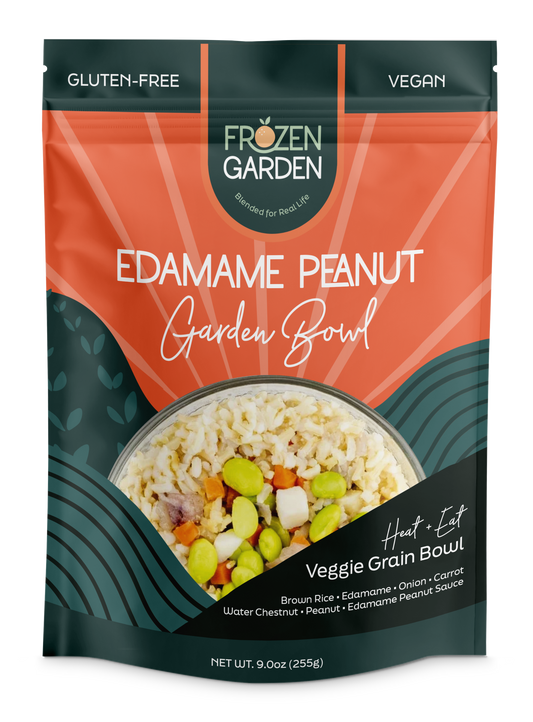 Edamame Peanut Garden Bowl pouch on white background with edamame, carrots and peanuts - Frozen Garden plant-based meal.