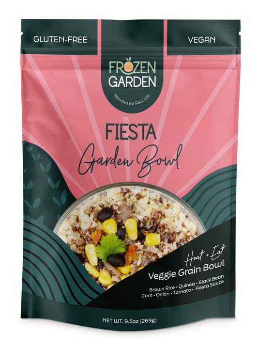 Fiesta Garden Bowl pouch on white background with black beans, corn and quinoa - Frozen Garden plant-based meal.