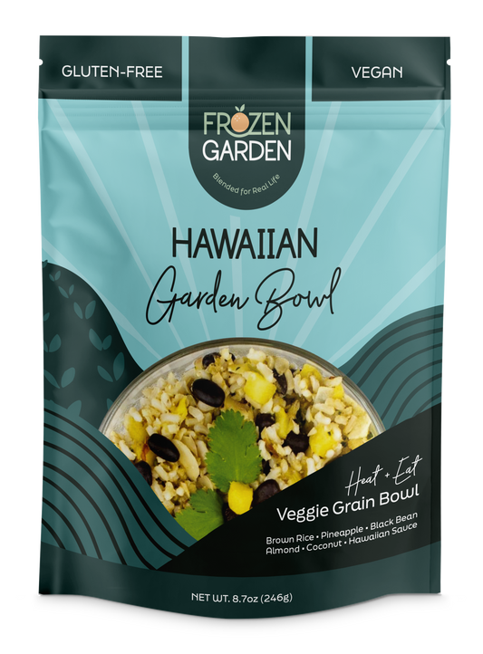 Hawaiian Garden Bowl pouch on white background with pineapple, black bean and coconut - Frozen Garden plant-based meal.
