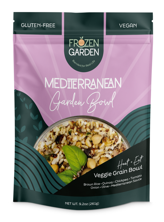Mediterranean Garden Bowl pouch on white background with chickpeas, tomato and olives - Frozen Garden plant-based meal.