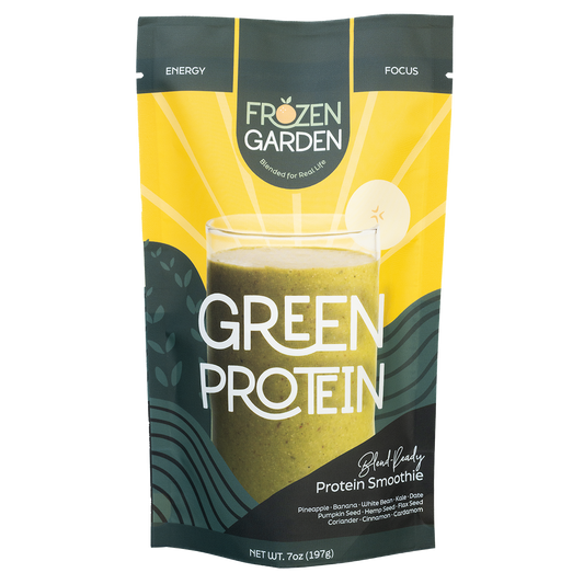 Green Protein smoothie pouch with pineapple, banana and pumpkin seed - Frozen Garden ready to blend protein smoothie.