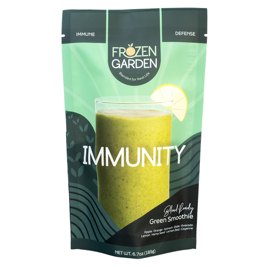 Immunity smoothie pouch with orange, spinach and apple - Frozen Garden ready to blend immune support smoothie.