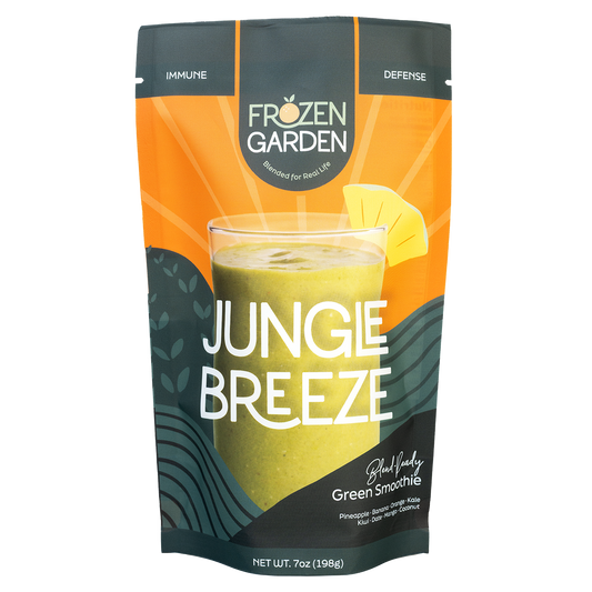 Jungle Breeze smoothie pouch with pineapple, banana, kale and coconut - Frozen Garden ready to blend tropical smoothie.