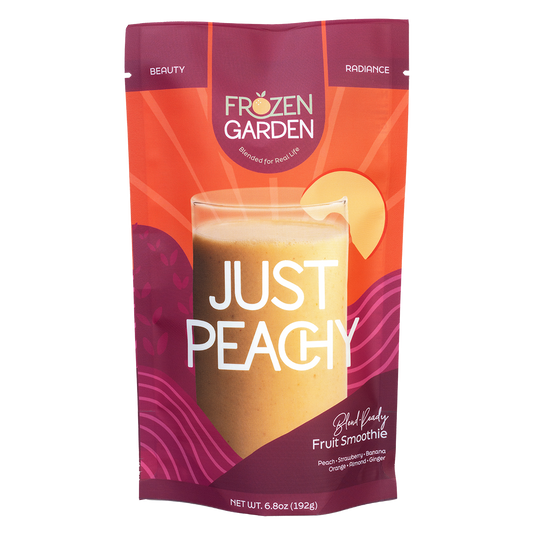 Just Peachy smoothie pouch with peach, strawberry and banana - Frozen Garden ready to blend fruit smoothie.