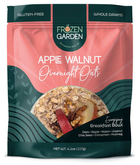 Apple Walnut Overnight Oats pouch on white background with apple, oats and walnuts - Frozen Garden plant-based breakfast.