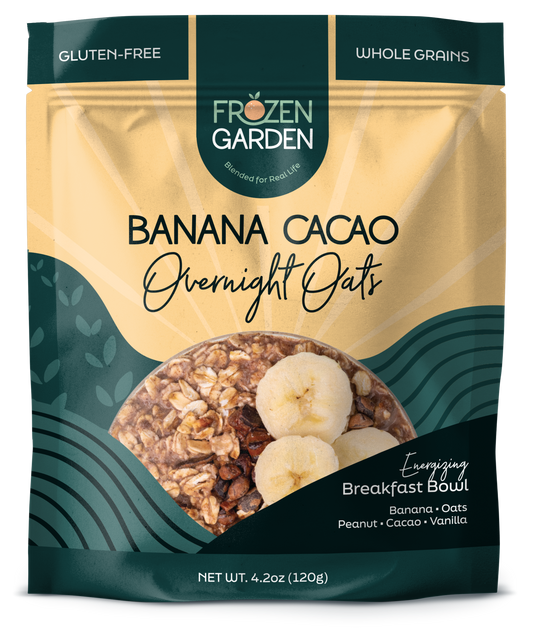 Banana Cacao Overnight Oats pouch on white background with banana, cacao and oats - Frozen Garden plant-based breakfast.