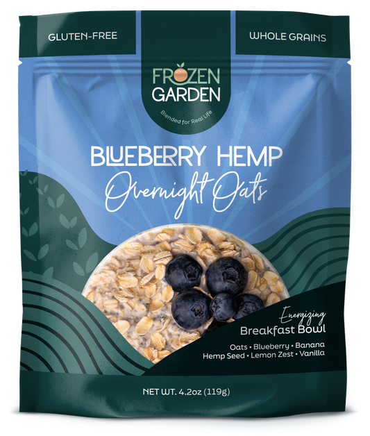 Blueberry Hemp Overnight Oats pouch on white background with blueberries, oats and hemp seeds - Frozen Garden plant-based breakfast.