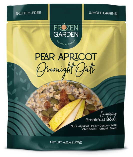 Pear Apricot Overnight Oats pouch on white background with pear, apricot and oats - Frozen Garden plant-based breakfast.