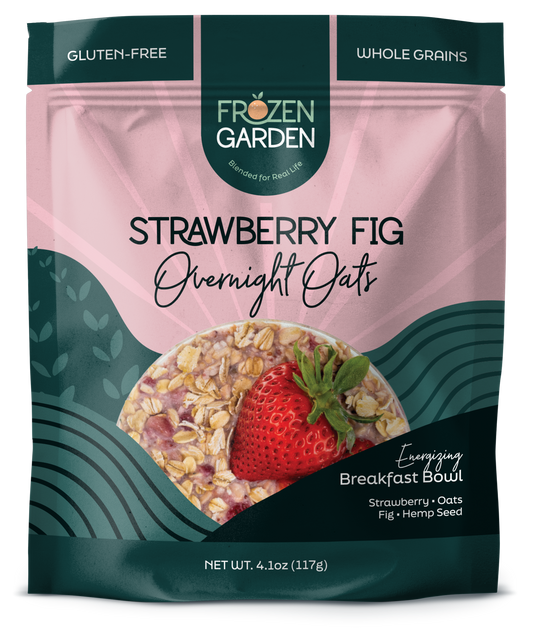 Strawberry Fig Overnight Oats pouch on white background with strawberries, figs and oats - Frozen Garden plant-based breakfast.