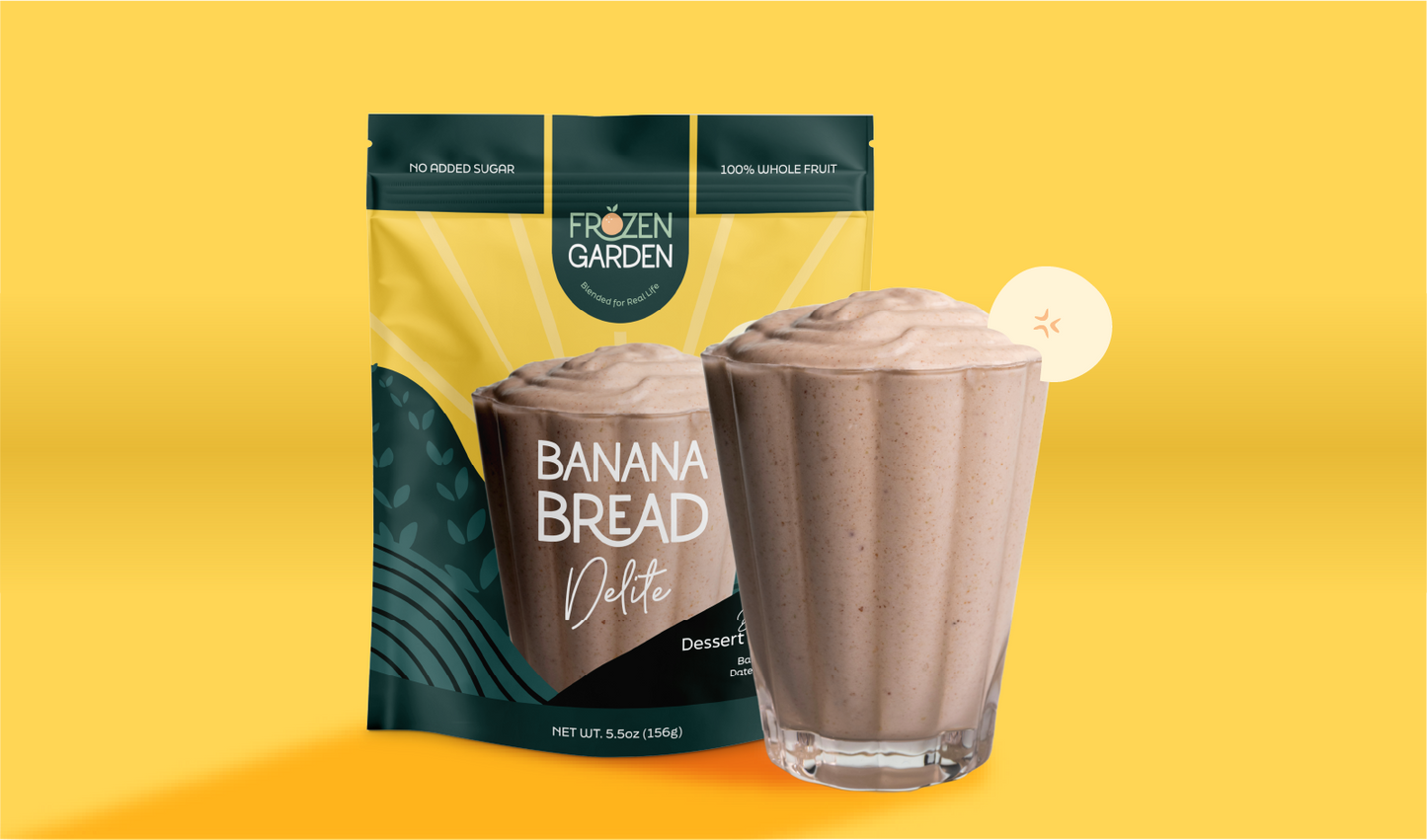 Banana Bread Delite pouch beside dessert glass - Frozen Garden frozen banana dessert with oats and walnuts.
