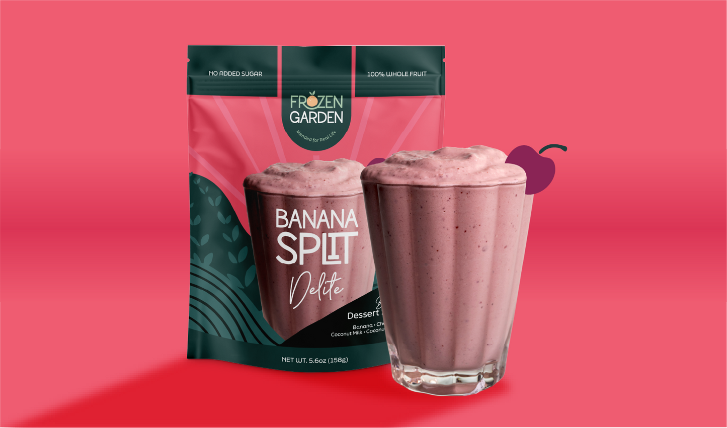 Banana Split Delite pouch beside dessert glass - Frozen Garden frozen banana and cherry dessert with coconut.