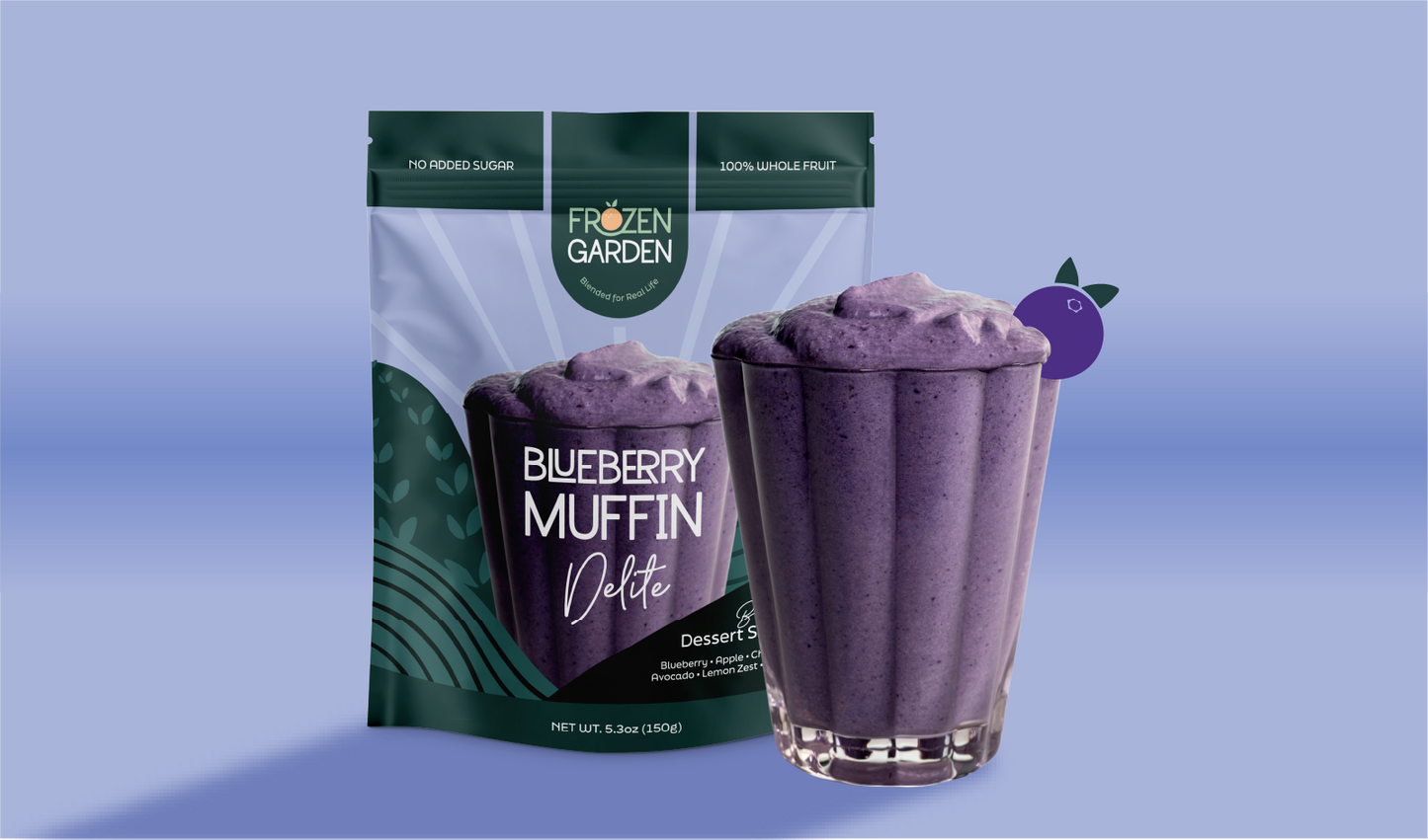 Blueberry Muffin Delite pouch beside dessert glass - Frozen Garden frozen blueberry dessert with oats and apple.