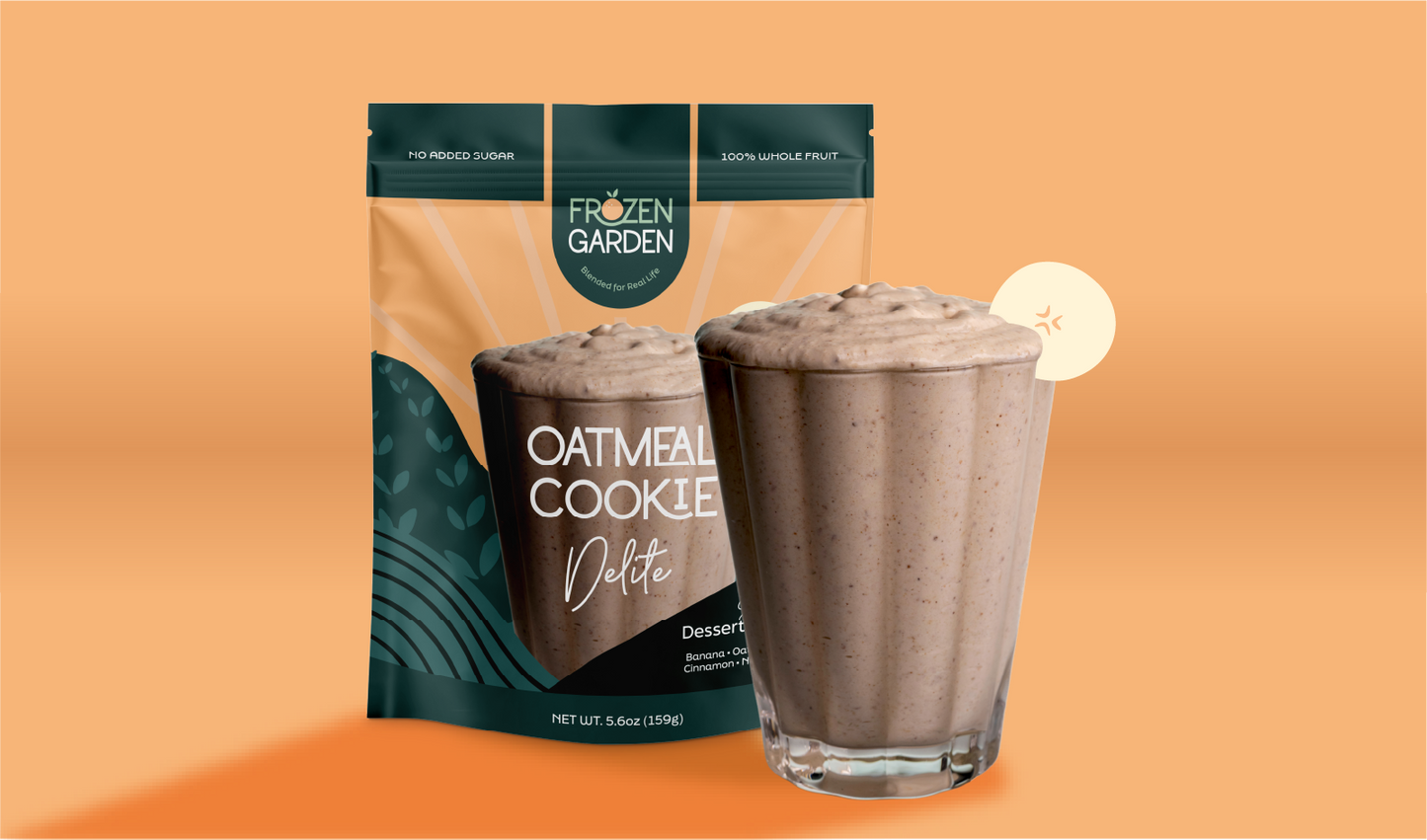 Oatmeal Cookie Delite pouch beside dessert glass - Frozen Garden frozen oat dessert with apple and cinnamon.