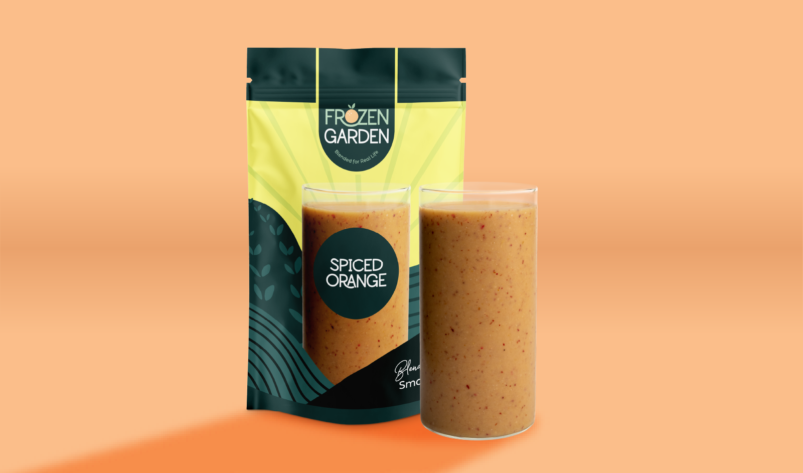 Spiced Orange smoothie pouch beside blended glass - Frozen Garden ready to blend smoothie with orange and ginger.