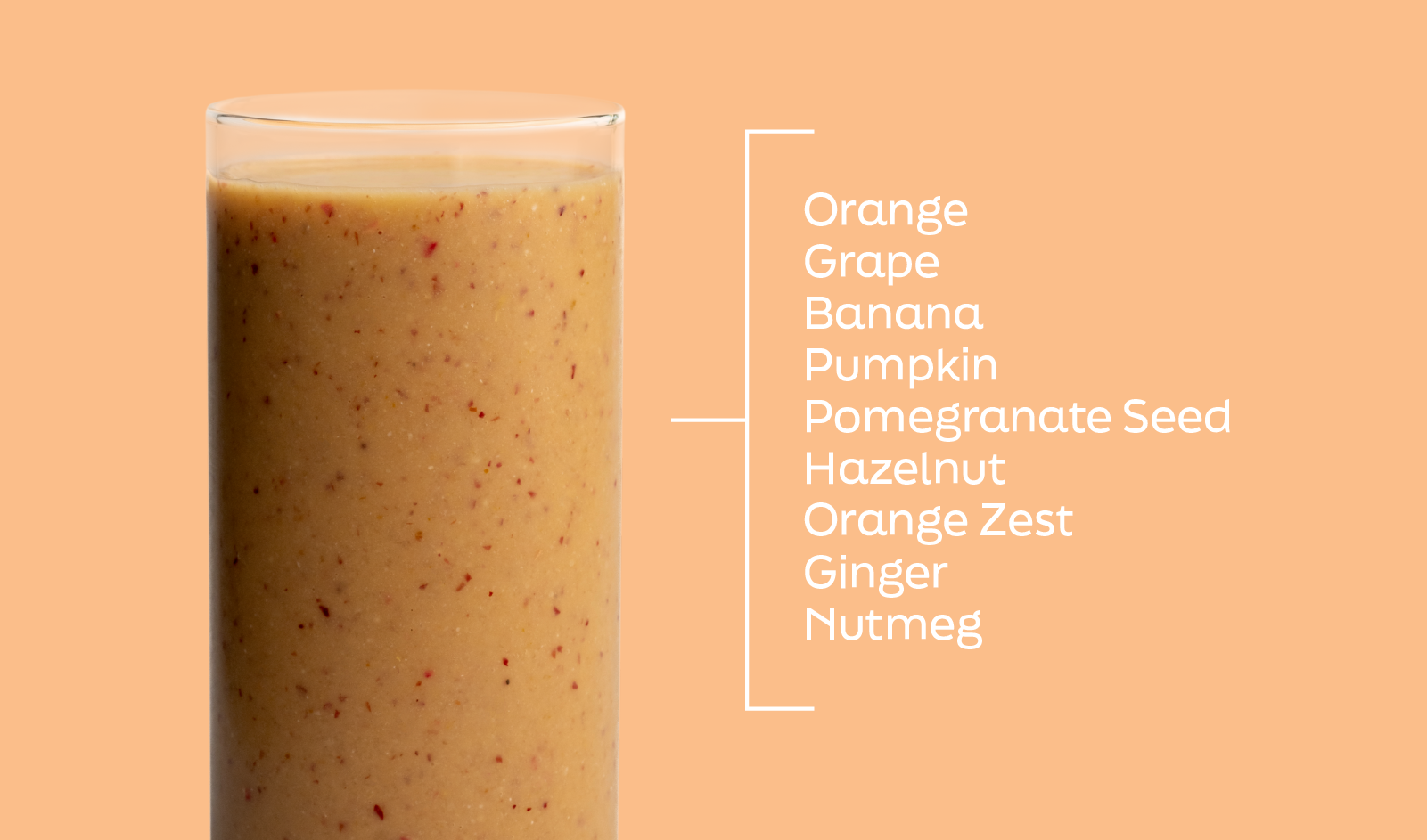 Spiced Orange smoothie ingredients labeled in layers: orange, pumpkin, banana and ginger - Frozen Garden.