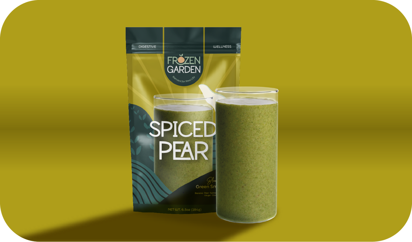 Spiced Pear smoothie pouch beside blended glass - Frozen Garden ready to blend smoothie with pear and warm spices.