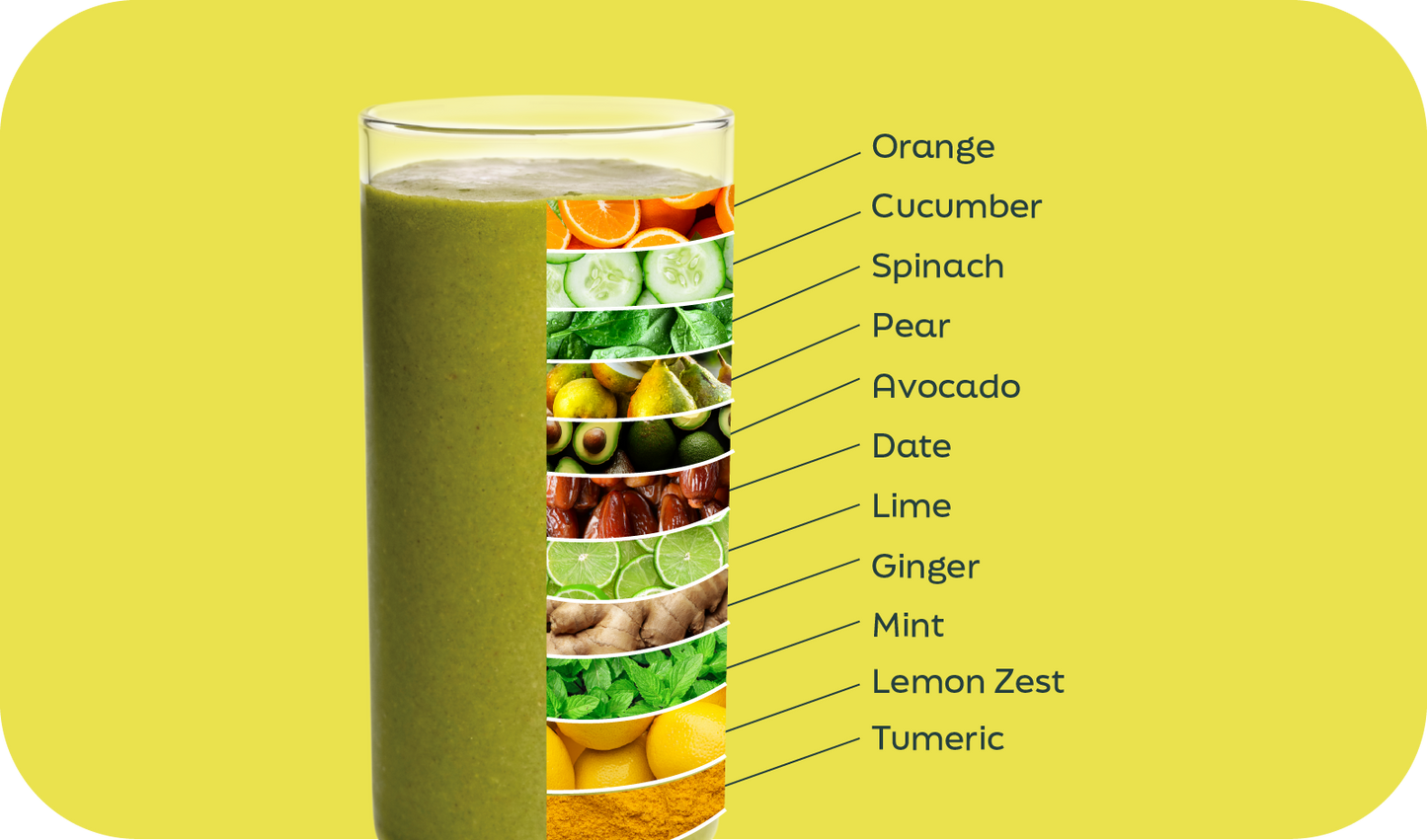Detox smoothie ingredients labeled in layers: cucumber, orange, spinach, pear and ginger - Frozen Garden.