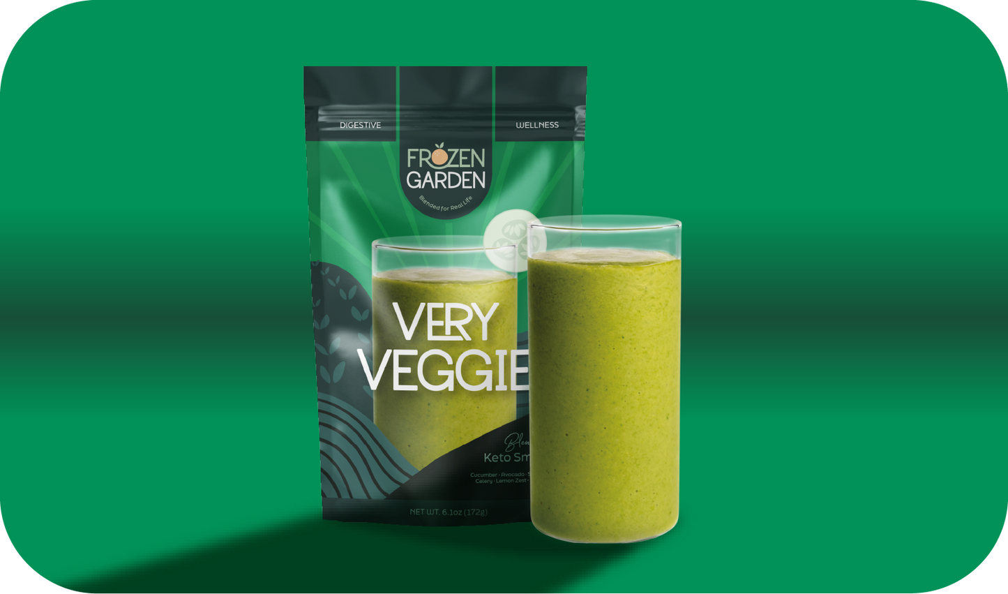 Very Veggie smoothie pouch beside blended glass - Frozen Garden ready-to-blend keto smoothie with cucumber and spinach.