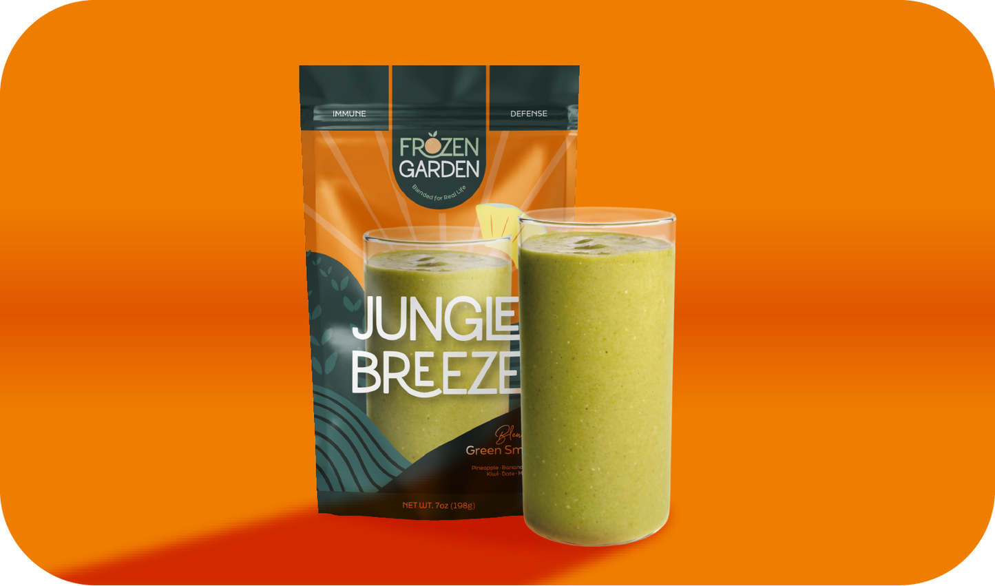 Jungle Breeze smoothie pouch beside blended glass - Frozen Garden ready to blend tropical smoothie with pineapple and kale.