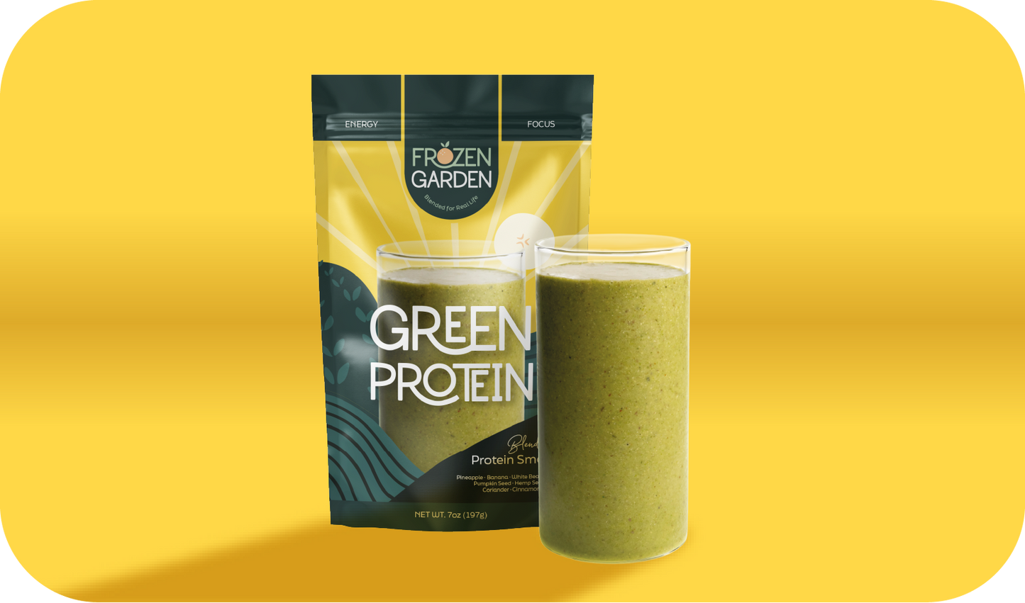 Green Protein smoothie pouch beside blended glass - Frozen Garden ready to blend smoothie with pineapple and banana.