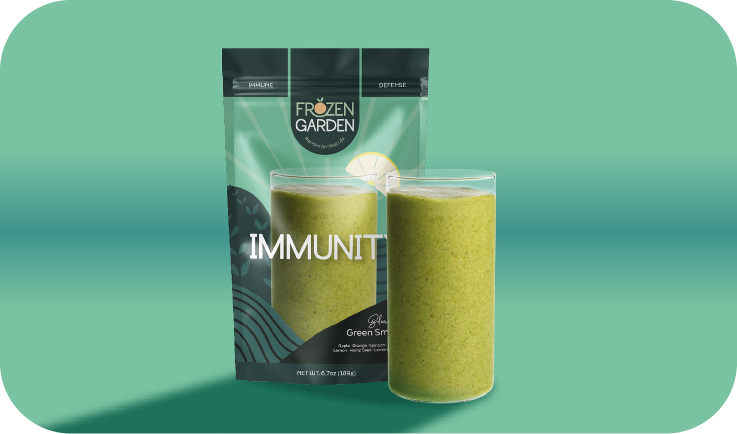 Immunity smoothie pouch beside blended glass - Frozen Garden ready to blend smoothie with orange and apple.