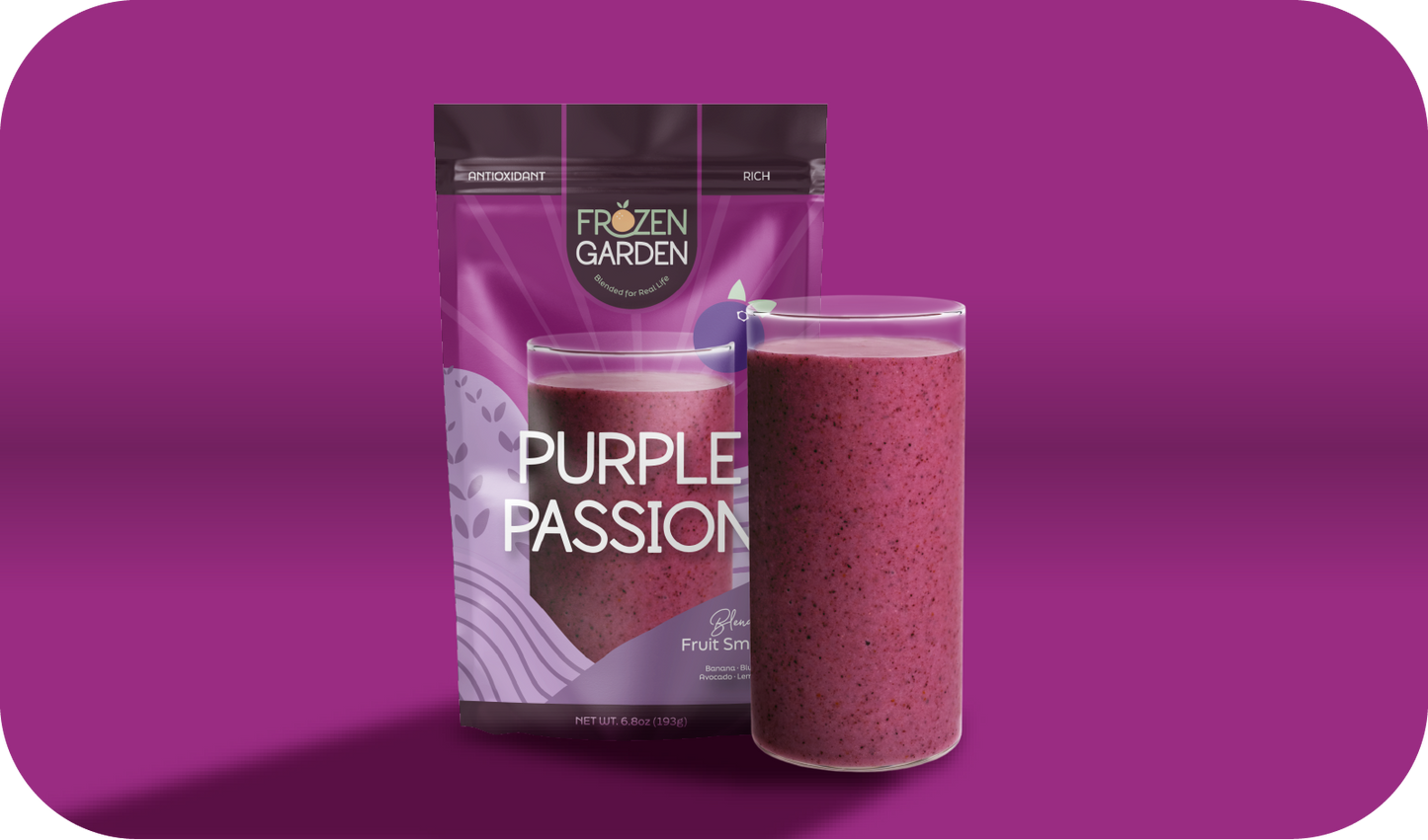 Purple Passion smoothie pouch beside blended glass - Frozen Garden ready to blend smoothie with blueberry and banana.