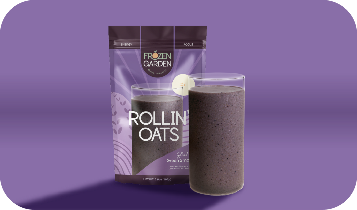 Rollin’ Oats smoothie pouch beside blended glass - Frozen Garden ready to blend smoothie with oats and banana.