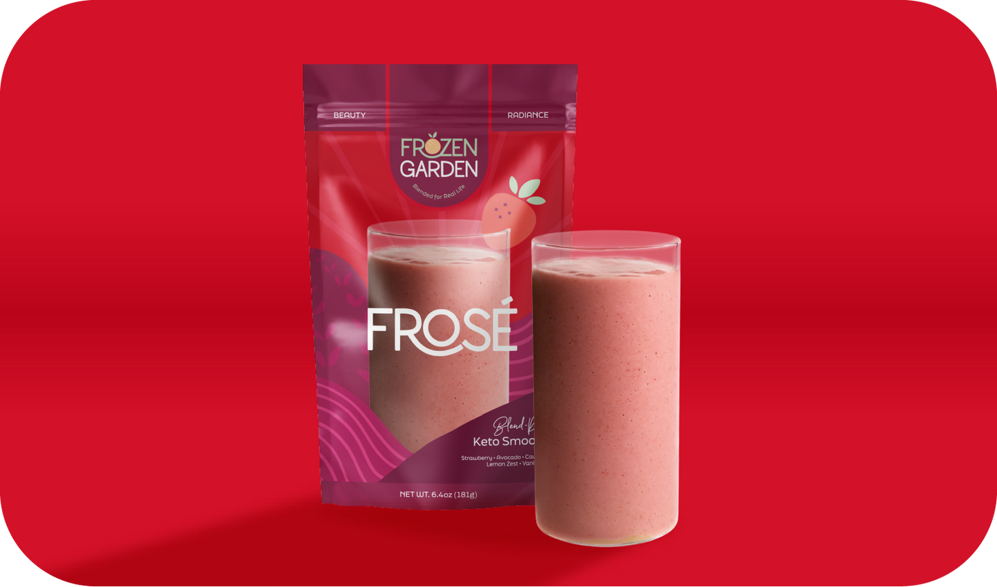 Frosé smoothie pouch beside blended glass - Frozen Garden ready to blend smoothie with strawberry and watermelon.