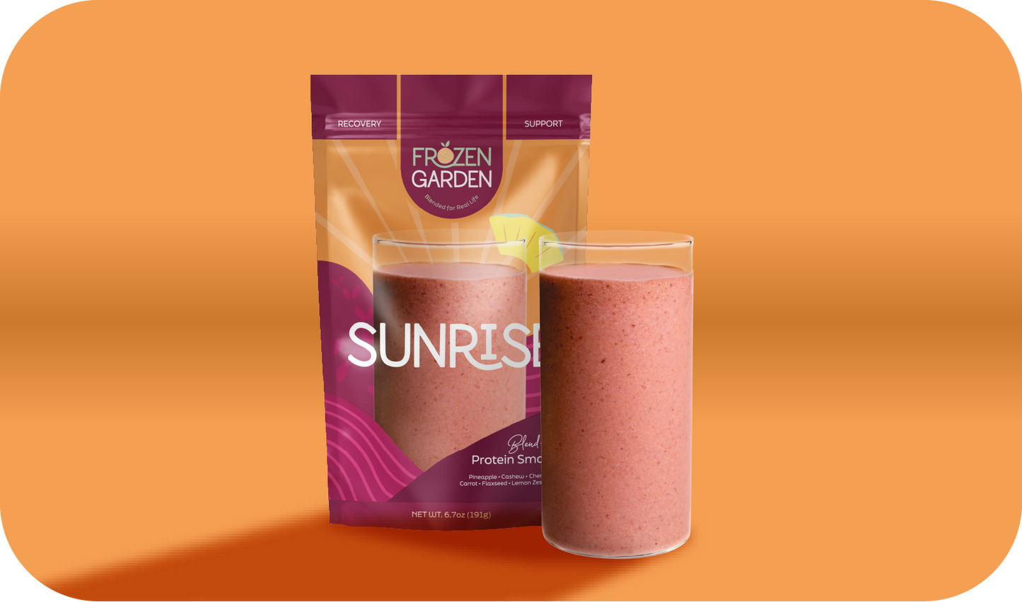 Sunrise smoothie pouch beside blended glass - Frozen Garden ready to blend smoothie with orange and pineapple.