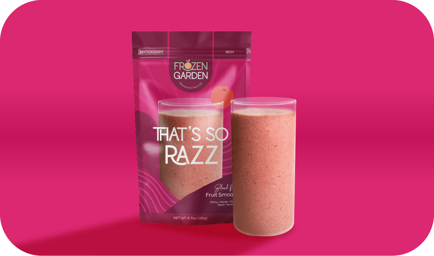 That’s So Razz smoothie pouch beside blended glass - Frozen Garden ready to blend smoothie with raspberry and cherry.