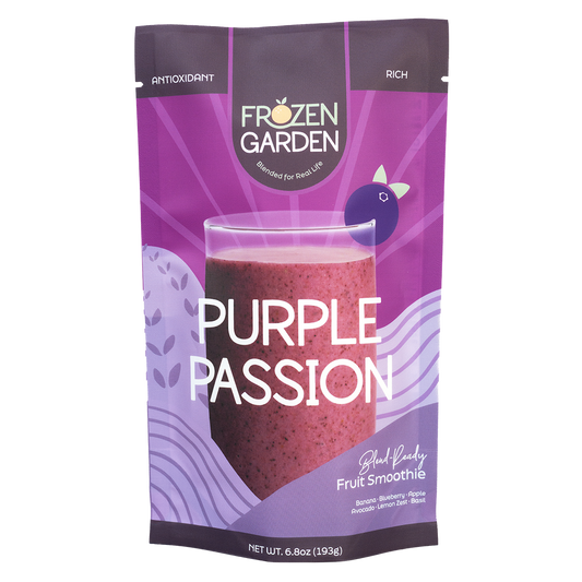 Purple Passion smoothie pouch with blueberries, banana and avocado - Frozen Garden ready to blend antioxidant smoothie.