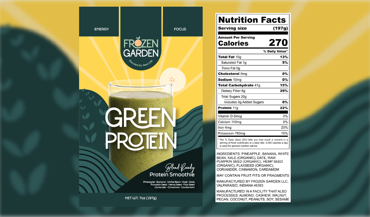 Green Protein smoothie front pouch and detailed nutrition facts label side by side - Frozen Garden protein smoothie.