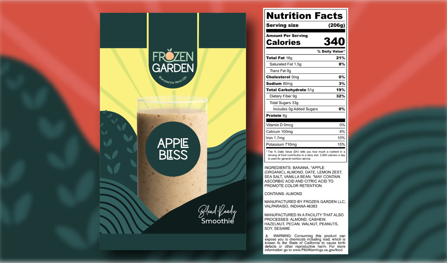 Apple Bliss smoothie front pouch and detailed nutrition facts label side by side - Frozen Garden apple smoothie.