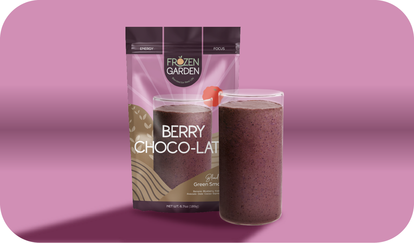 Berry Choco-Latte smoothie pouch beside blended glass - Frozen Garden ready to blend smoothie with raspberries and cacao.