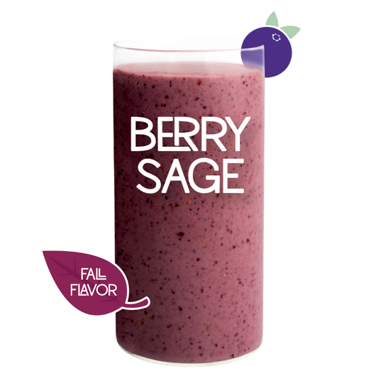 Blended Berry Sage smoothie in glass on clear background - Frozen Garden sage and blueberry smoothie.